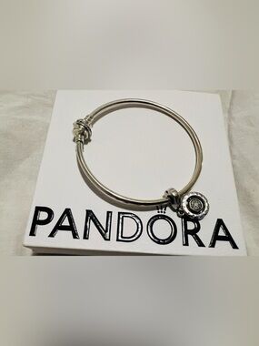 Pandora Silver Bangle Bracelet with Round Pavé Dangle Charm